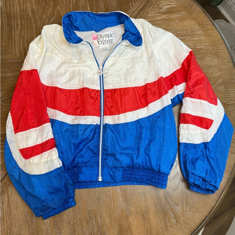 Olympic Exposure vintage windbreaker bomber Jacket colorblock red white and blue